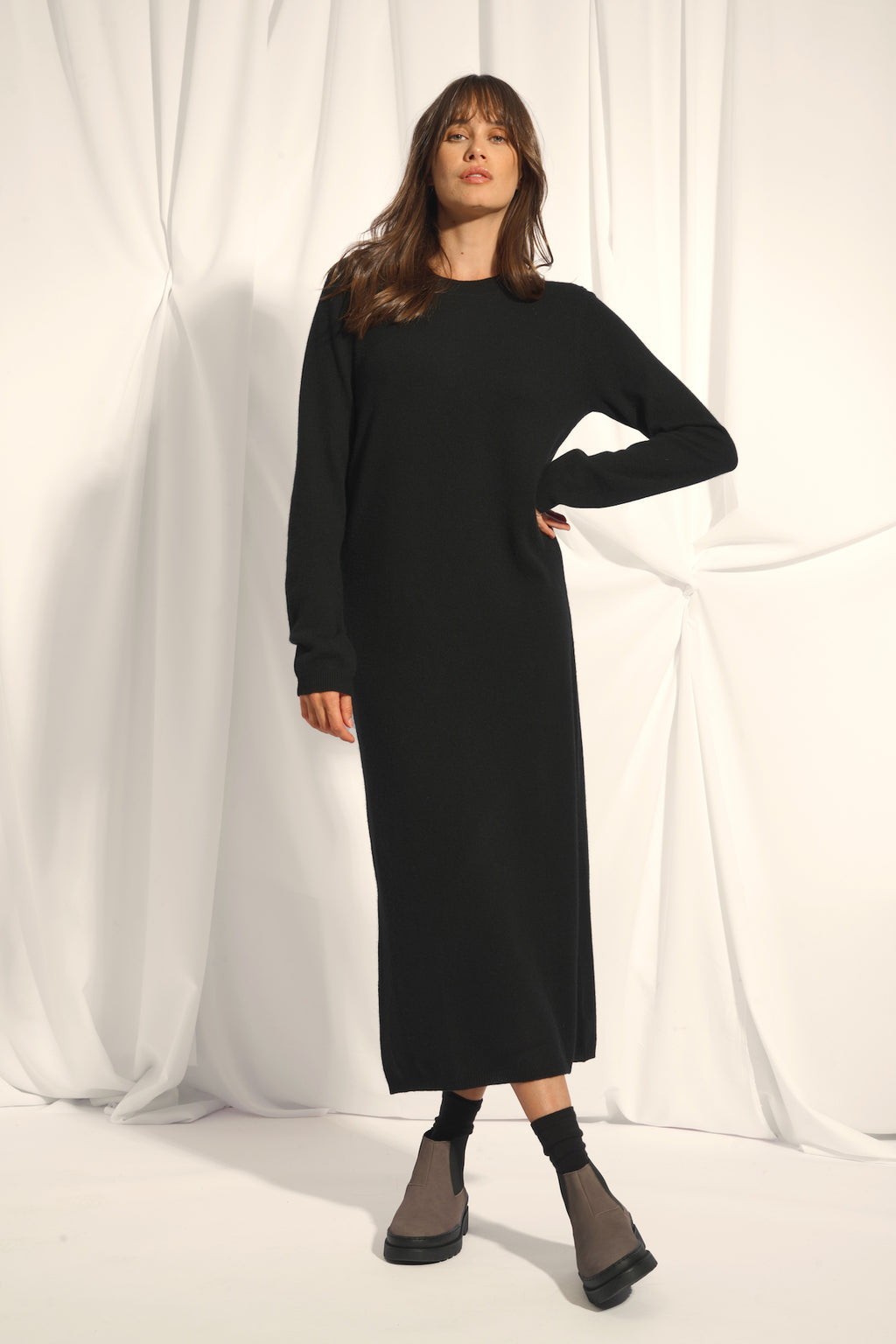 Robe Col Rond Lina - 100% Cachemire 2 Fils - Noir - Femme