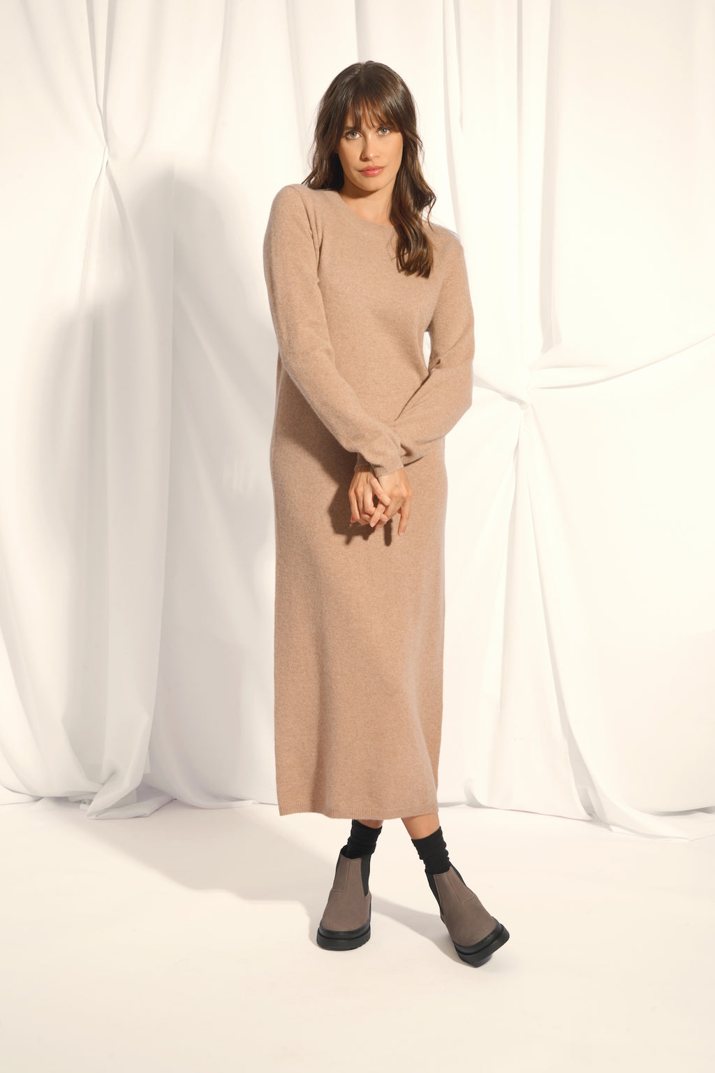 Robe Col Rond Lina - 100% Cachemire 2 Fils - Camel Chiné - Femme