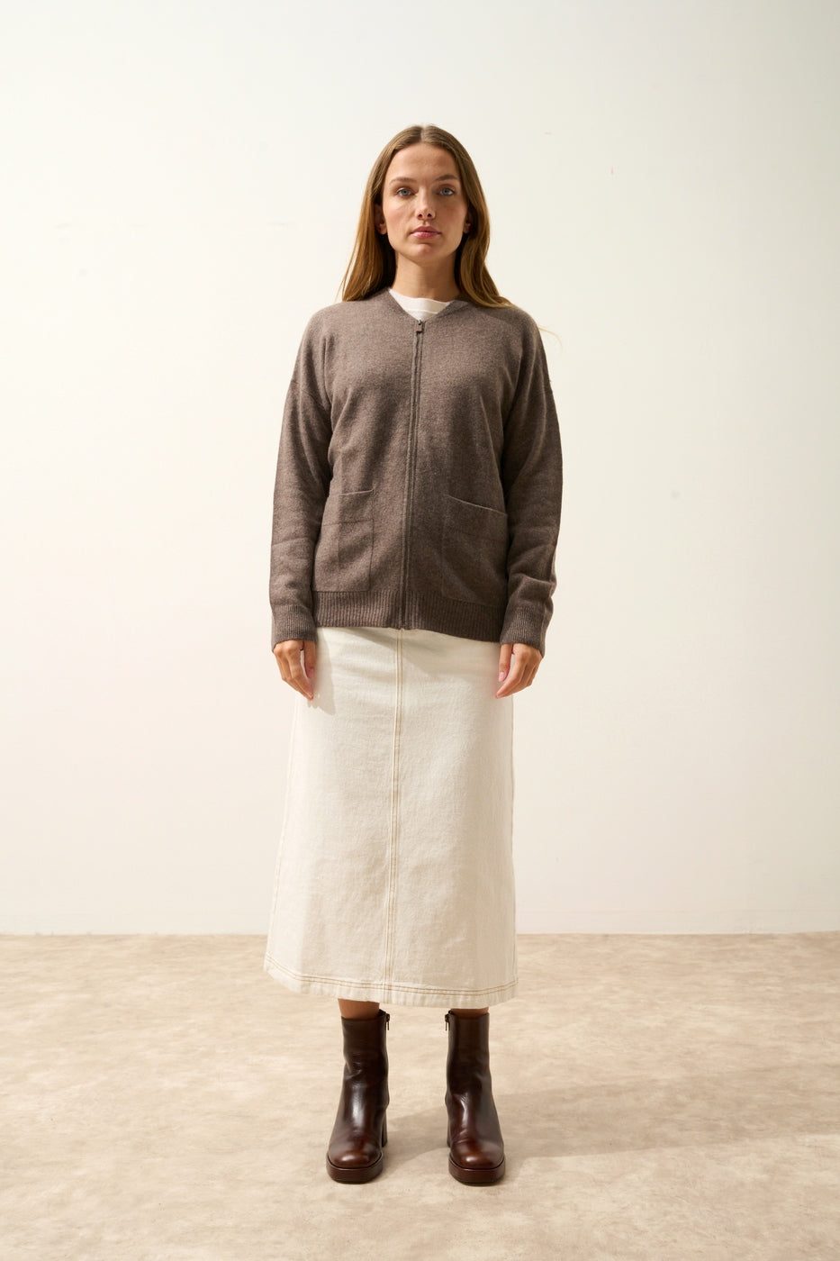 Gilet Zippé Col Mao - Ervie - Taupe Chiné