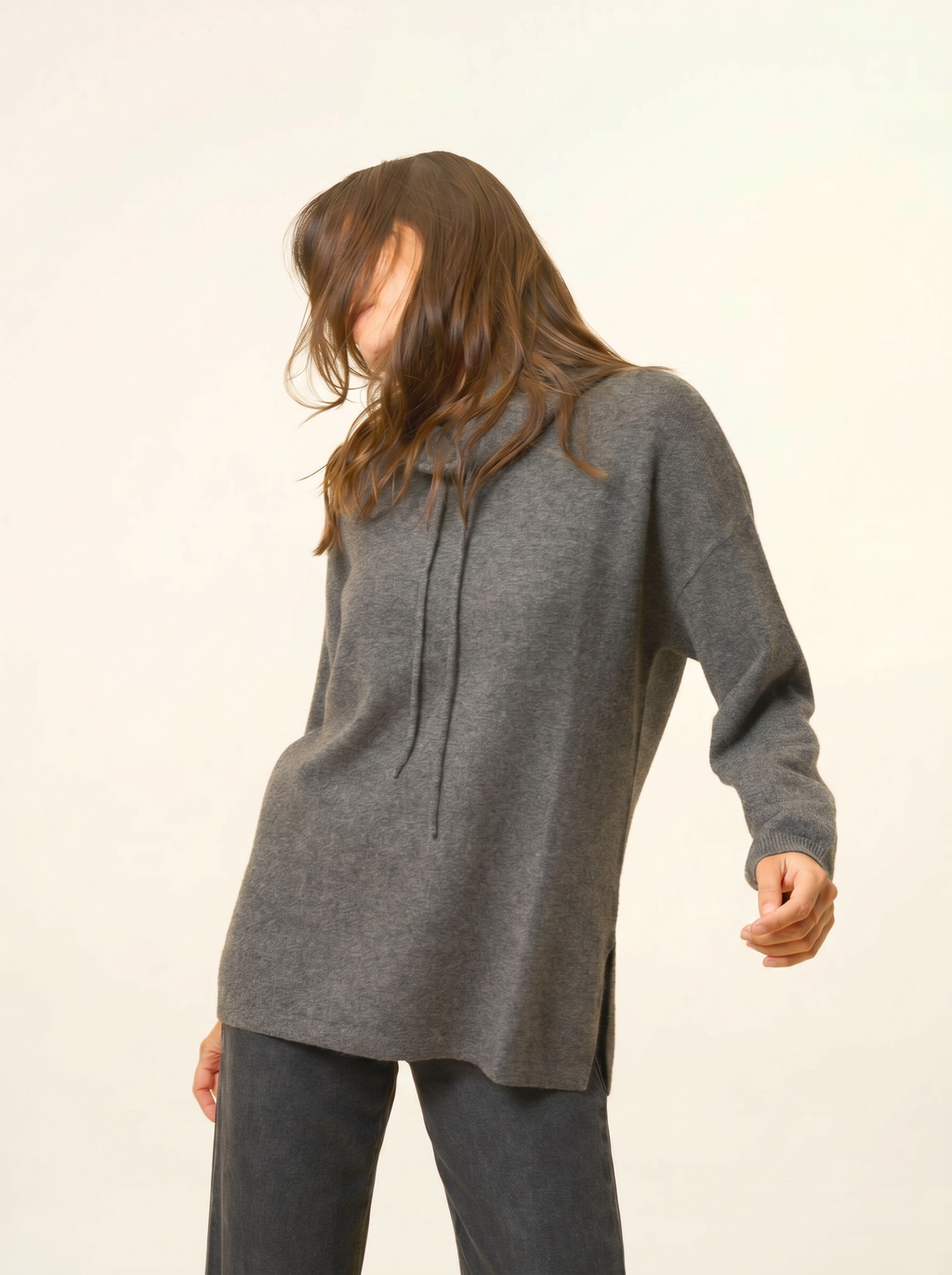 Maglione Collo Alto Coulisse Spacchi Laterali Melrose - Antracite Chiné - Donna