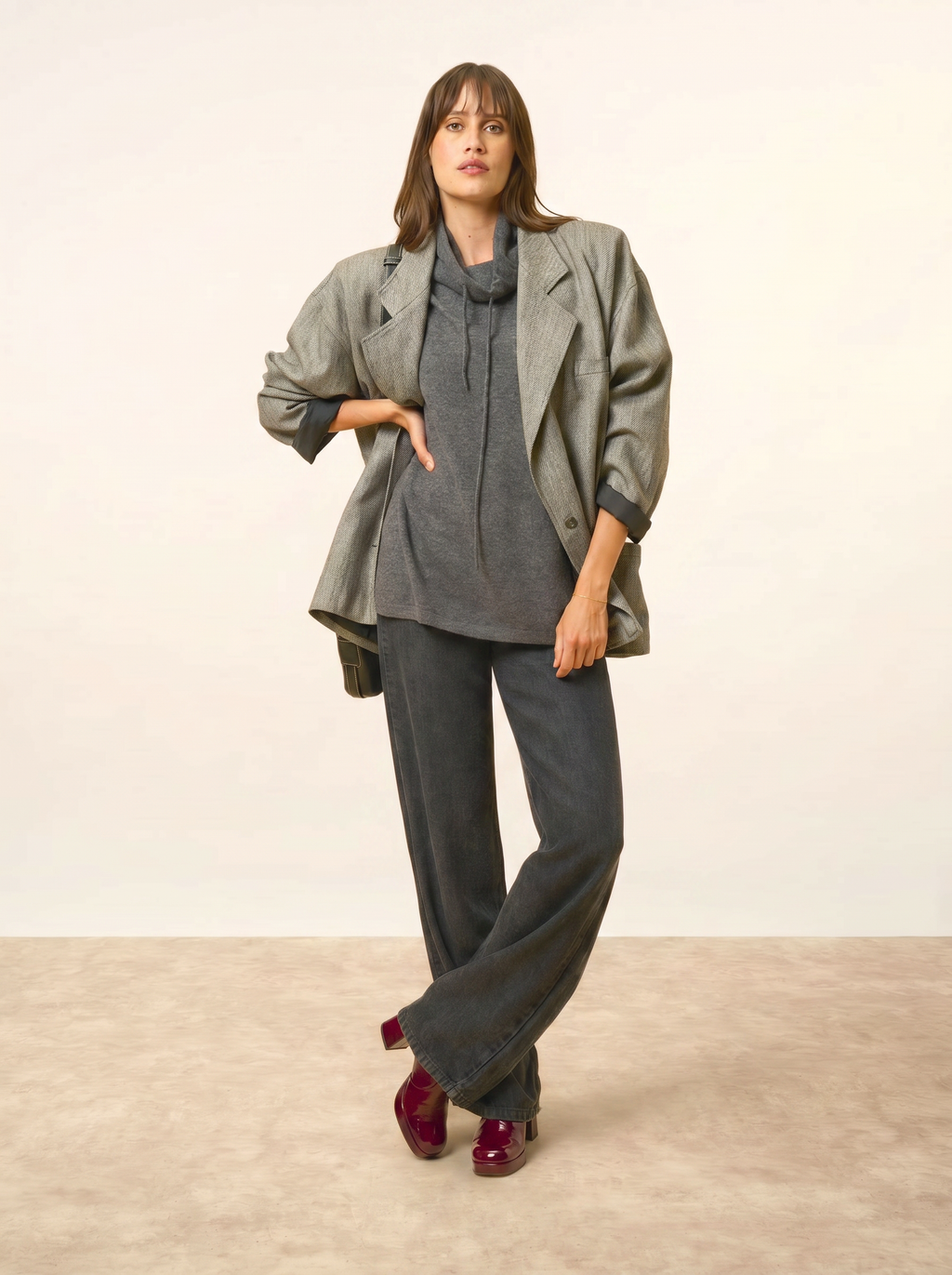 Maglione Collo Alto Coulisse Spacchi Laterali Melrose - Antracite Chiné - Donna
