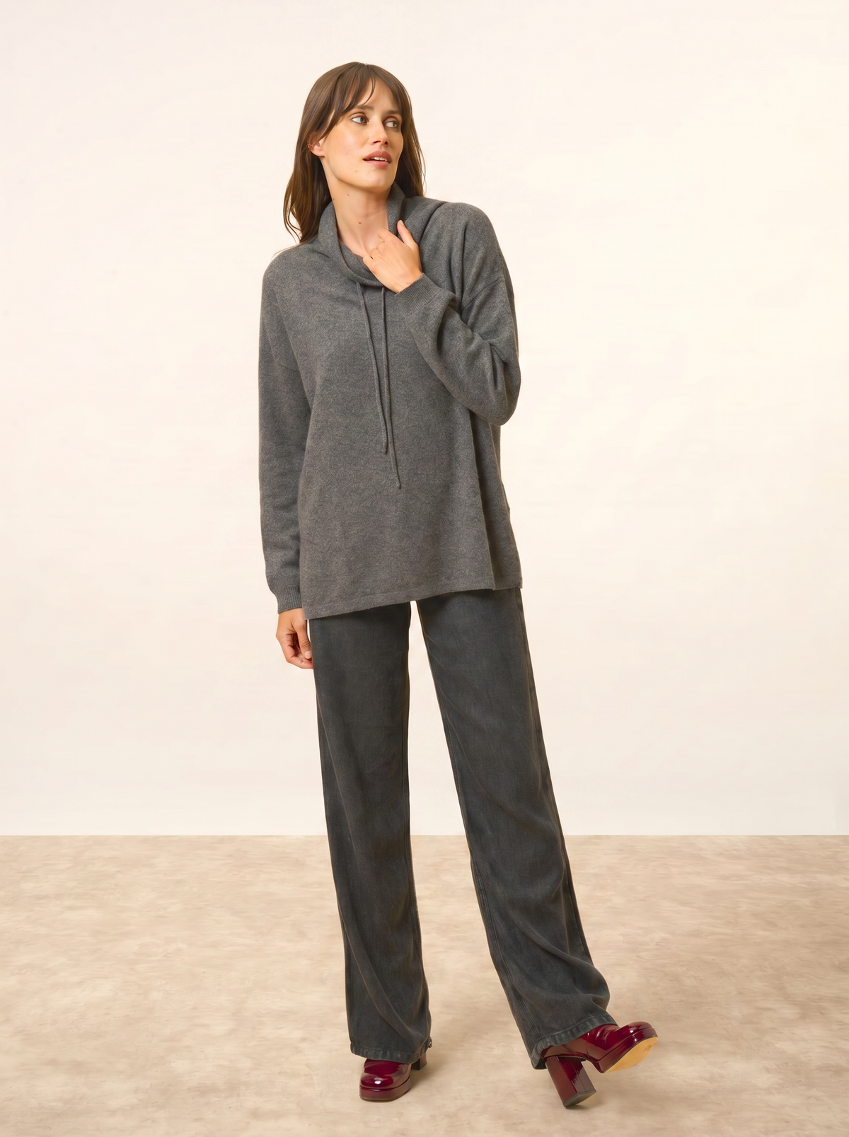 Maglione Collo Alto Coulisse Spacchi Laterali Melrose - Antracite Chiné - Donna