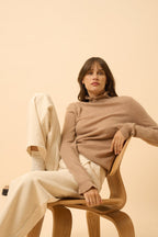 Pull Col Montant Volanté Trila - 100% Cachemire 2 Fils - Camel Chiné - Femme