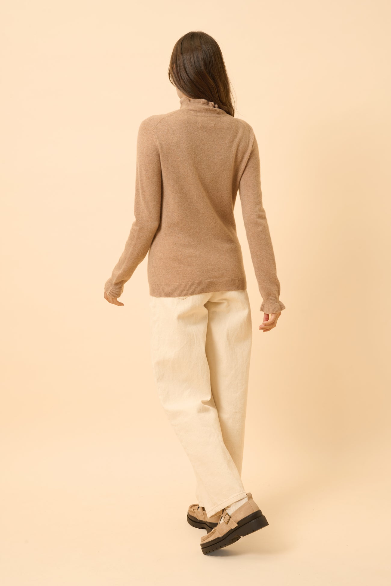 Pull Col Montant Volanté Trila - 100% Cachemire 2 Fils - Camel Chiné - Femme