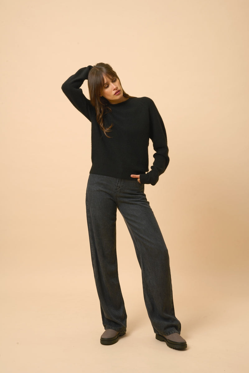 Pull Col Rond Zippé Dos - Jona - Noir