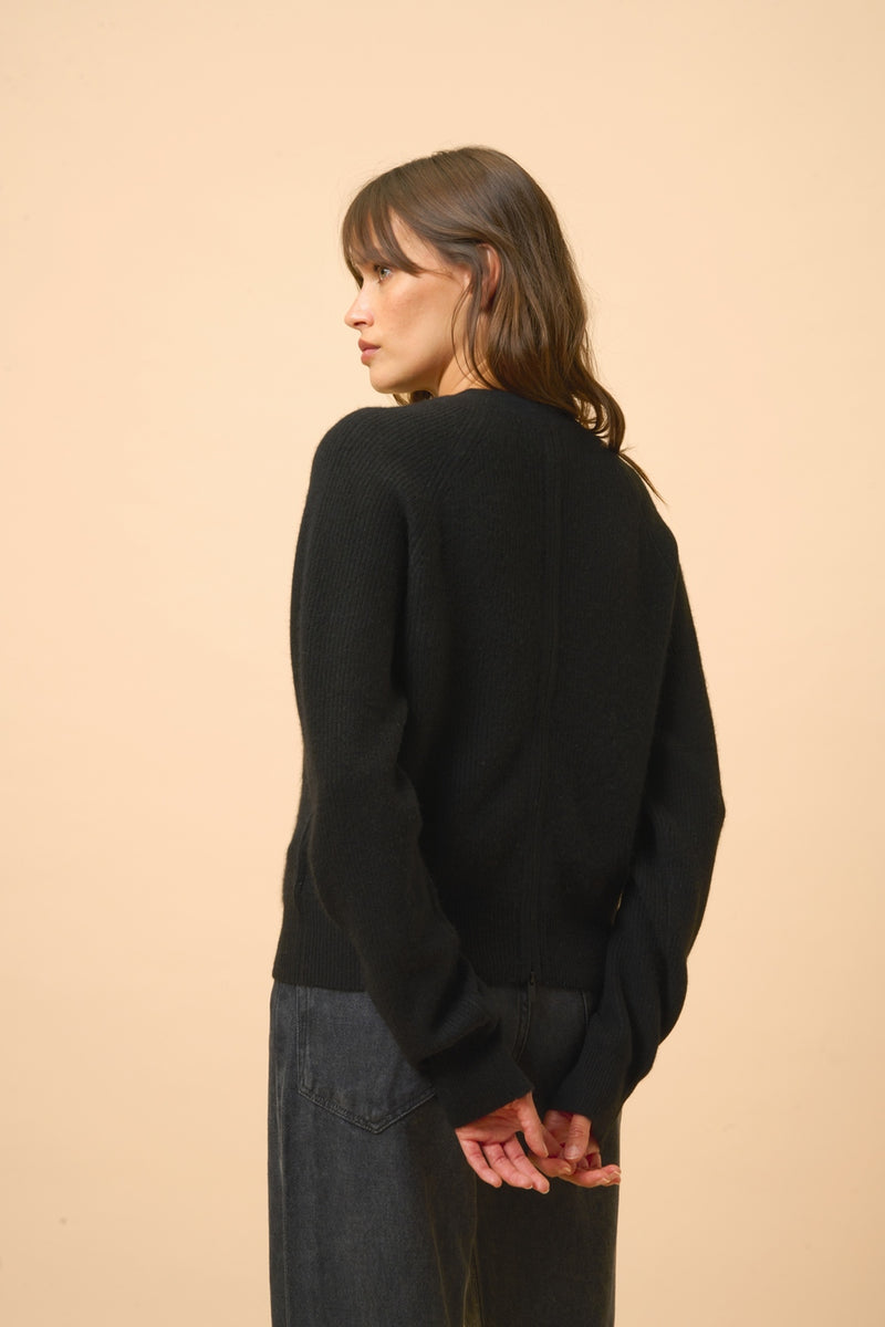 Pull Col Rond Zippé Dos - Jona - Noir