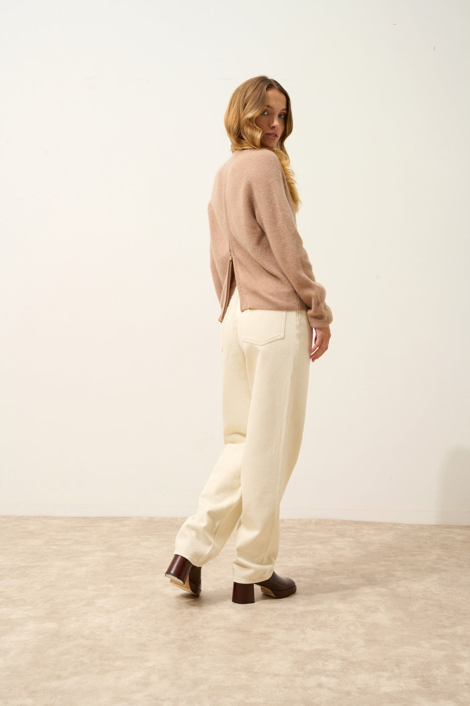 Pull Col Rond Zippé Dos - Jona - Camel Chiné
