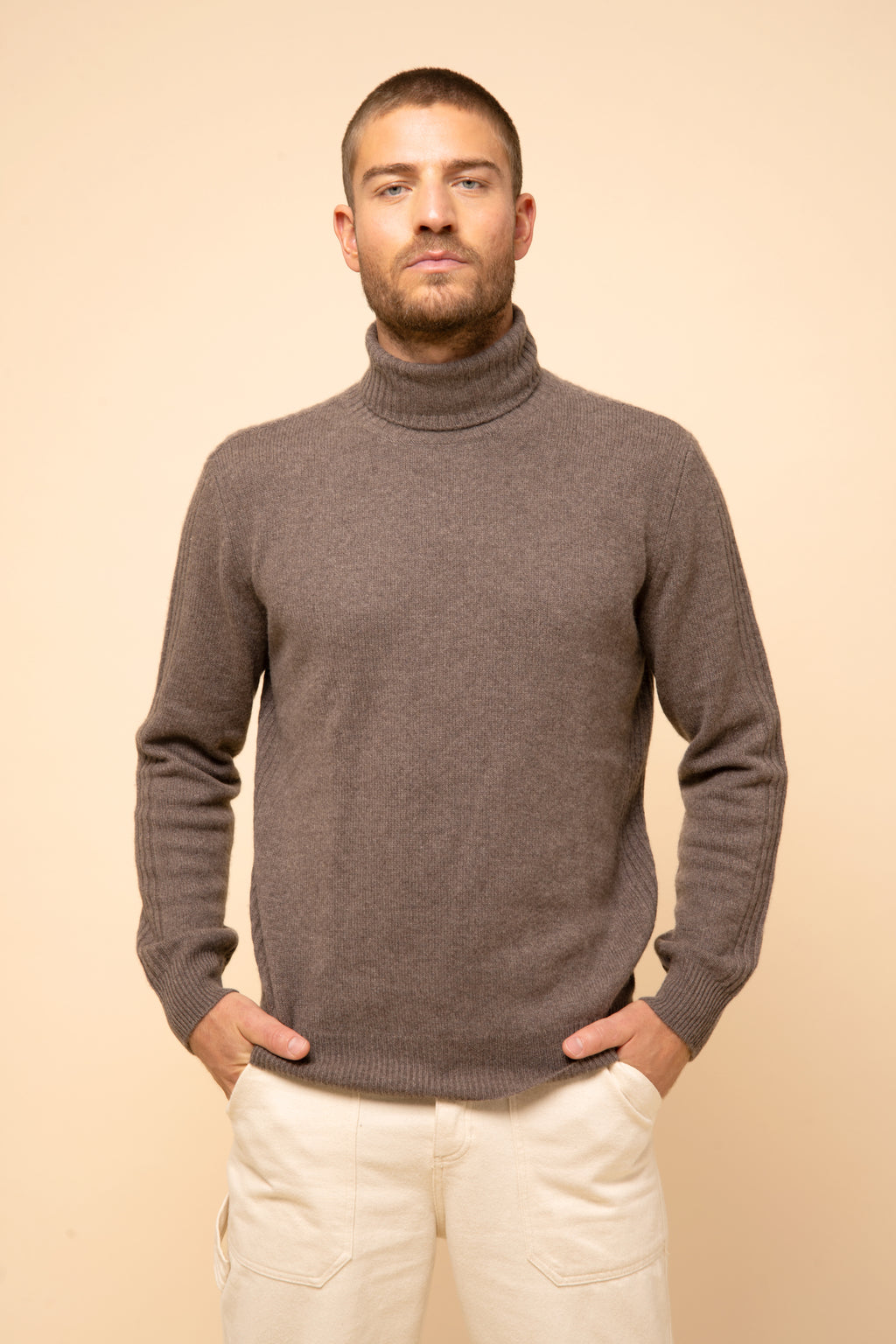 4-Ply Turtleneck Sweater - Black - Heather Taupe