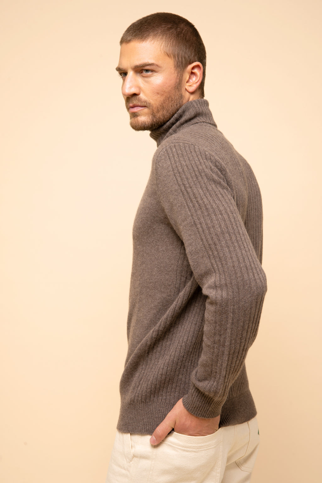 4-Ply Turtleneck Sweater - Black - Heather Taupe