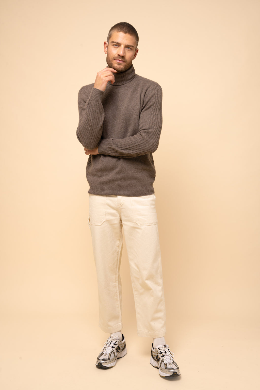 4-Ply Turtleneck Sweater - Black - Heather Taupe