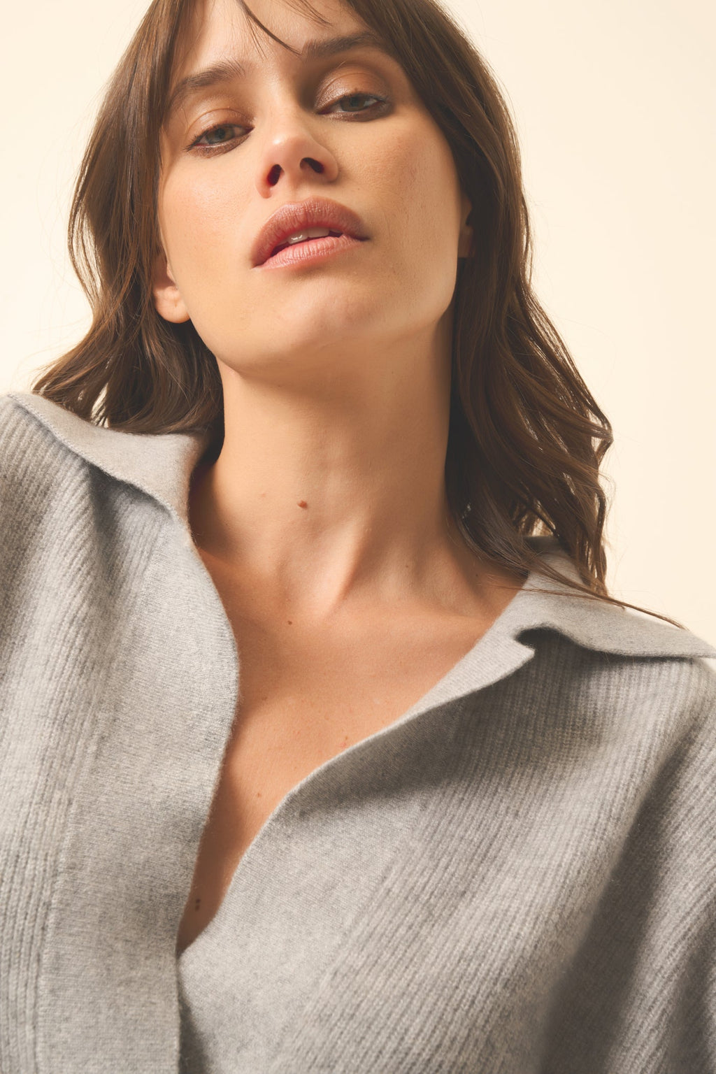 Just Cashmere - Garcia Long Sleeve Crossover V-Neck Polo - 100% 2-Ply Cashmere - Mousy Grey Marl - Women