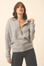 Just Cashmere - Garcia Long Sleeve Crossover V-Neck Polo - 100% 2-Ply Cashmere - Mousy Grey Marl - Women