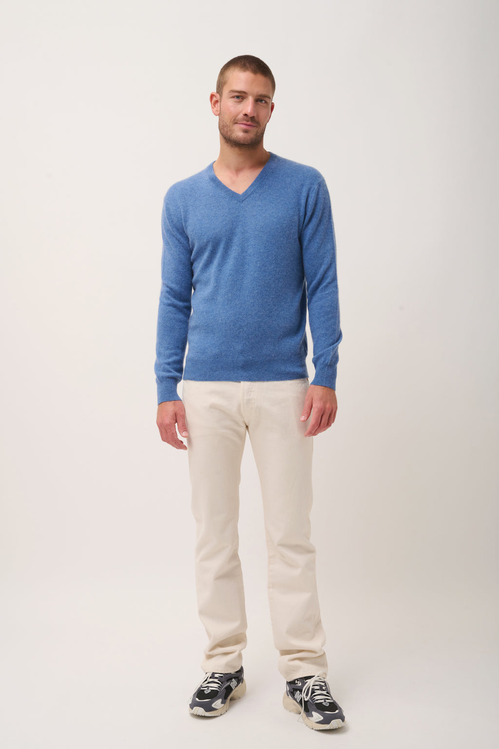 Pull Col V  Walt - 100% Cachemire 2 Fils - Bleu Denim - Homme