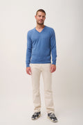 Pull Col V  Walt - 100% Cachemire 2 Fils - Bleu Denim - Homme