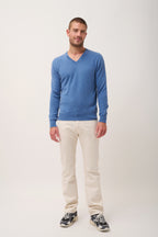 Pull Col V  Walt - 100% Cachemire 2 Fils - Bleu Denim - Homme