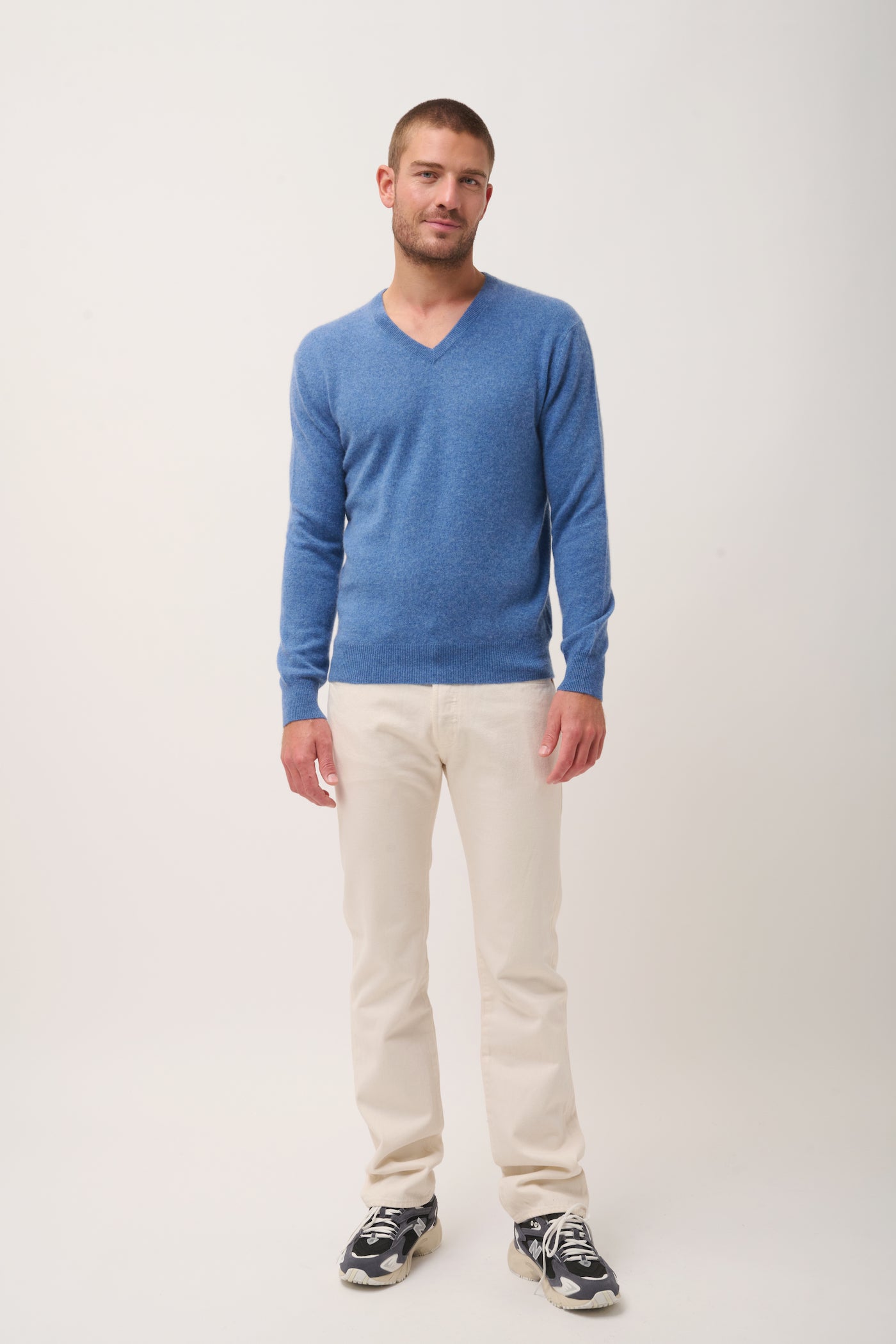 Pull Col V  Walt - 100% Cachemire 2 Fils - Bleu Denim - Homme