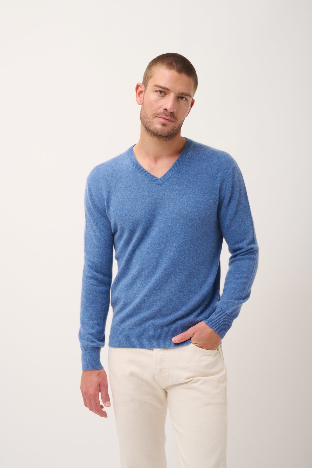 Pull Col V  Walt - 100% Cachemire 2 Fils - Bleu Denim - Homme