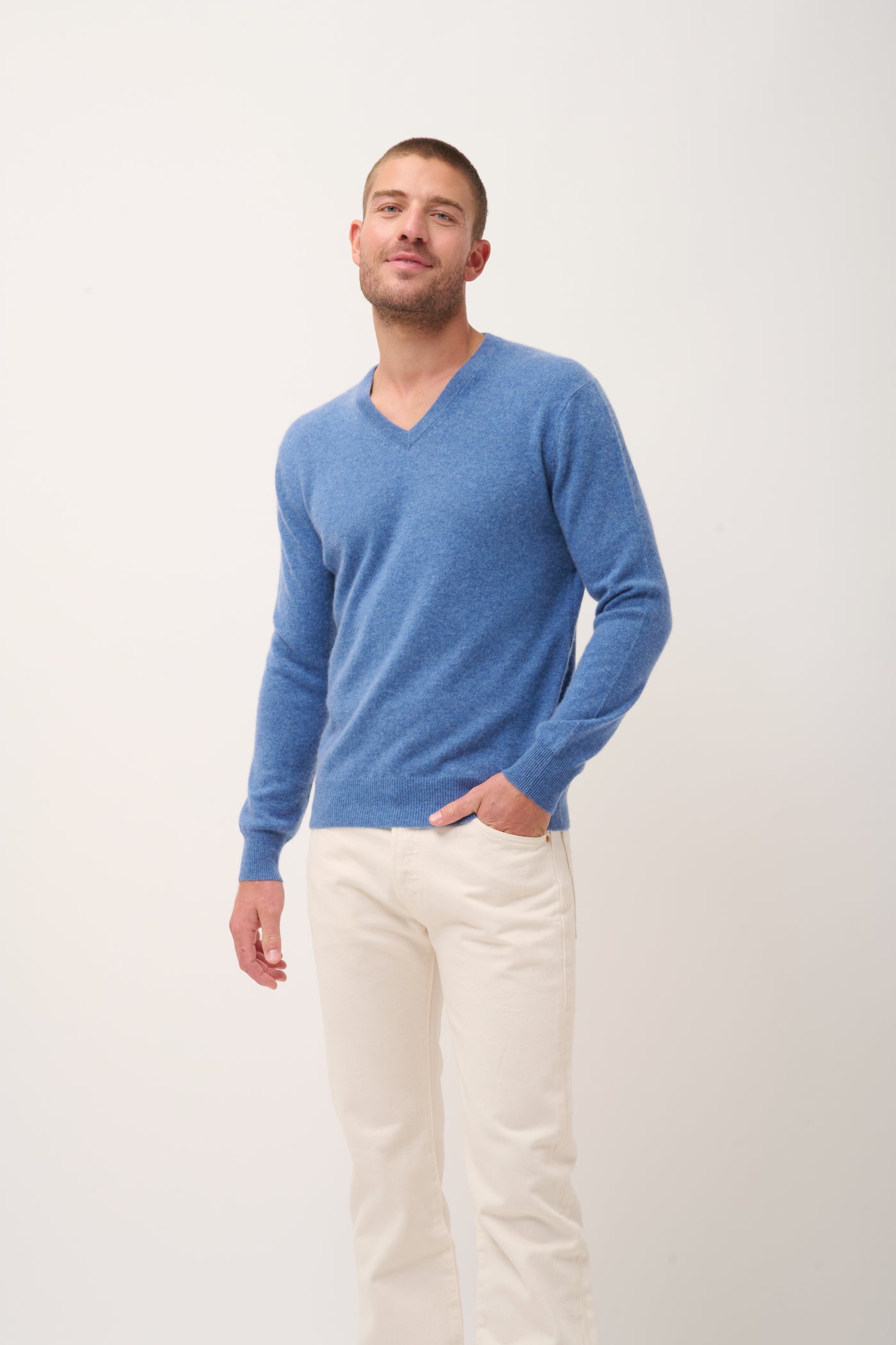 Pull Col V  Walt - 100% Cachemire 2 Fils - Bleu Denim - Homme