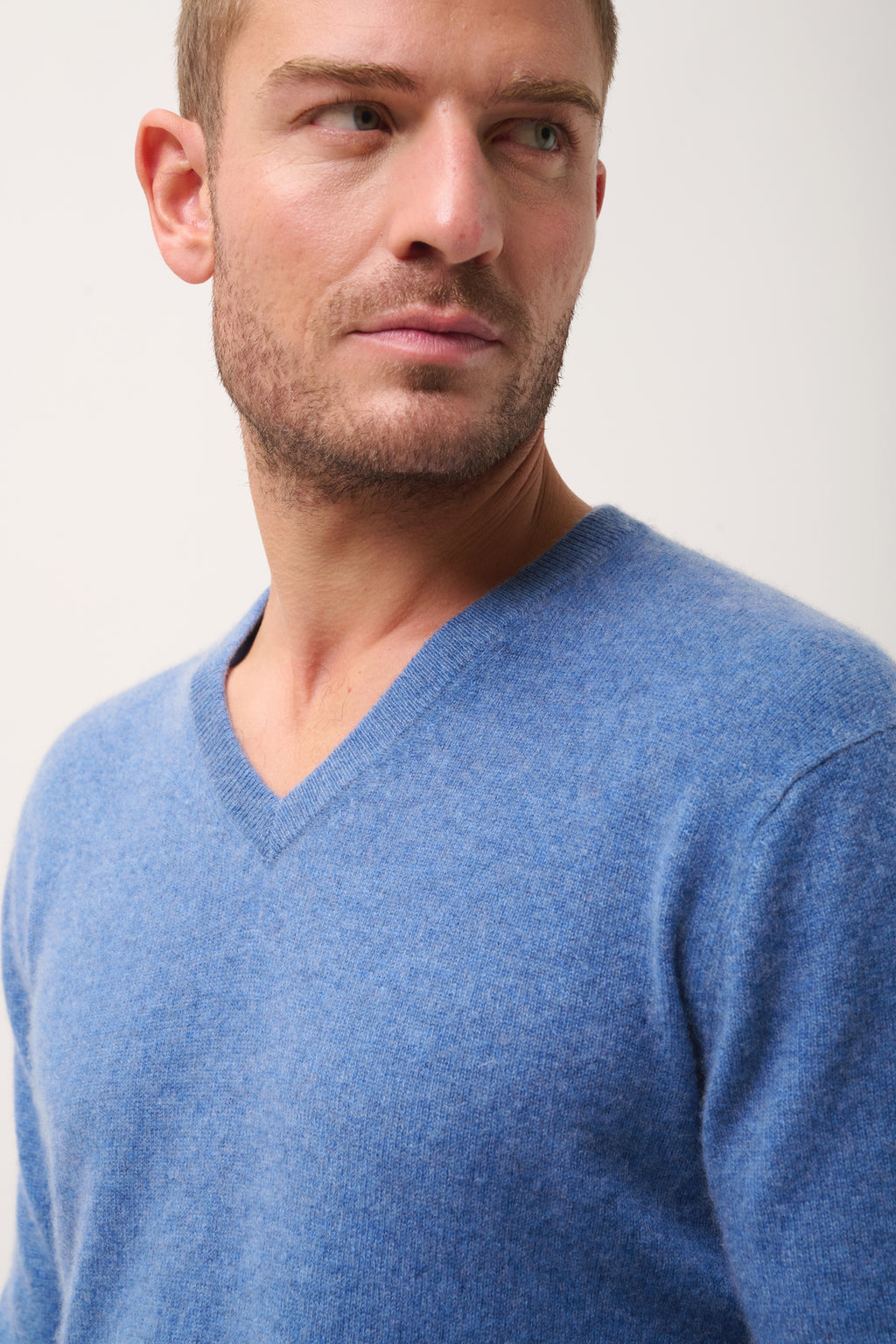 Pull Col V  Walt - 100% Cachemire 2 Fils - Bleu Denim - Homme