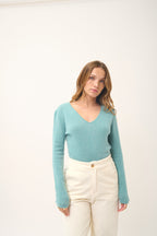 Pull Col V  - Joan - Vert Chiné