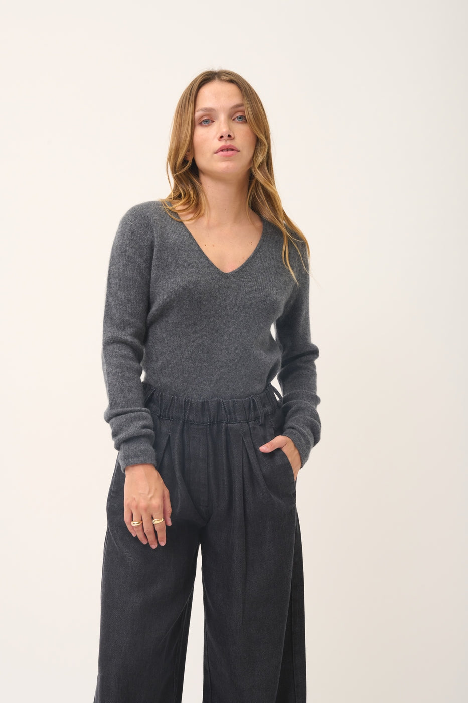 Pull Col V 4 Fils - Abby - Anthracite Chiné