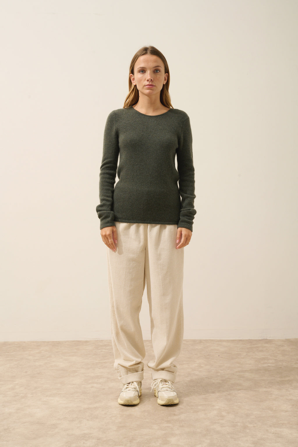Pull Col Rond 4 Fils Joyce - 100% Cachemire 4 Fils - Kaki Chiné - Femme