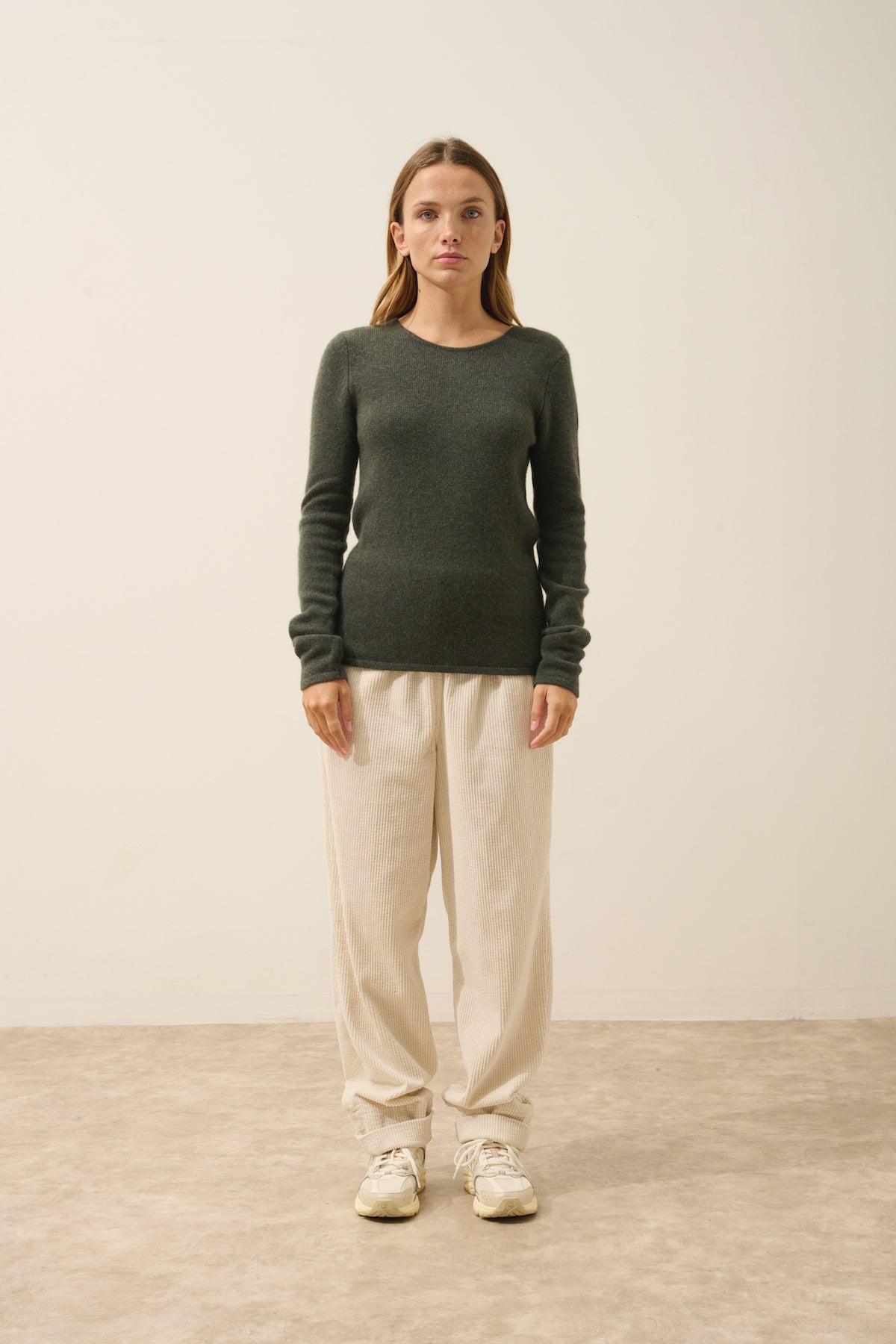 Pull Col Rond 4 Fils Joyce - 100% Cachemire 4 Fils - Kaki Chiné - Femme