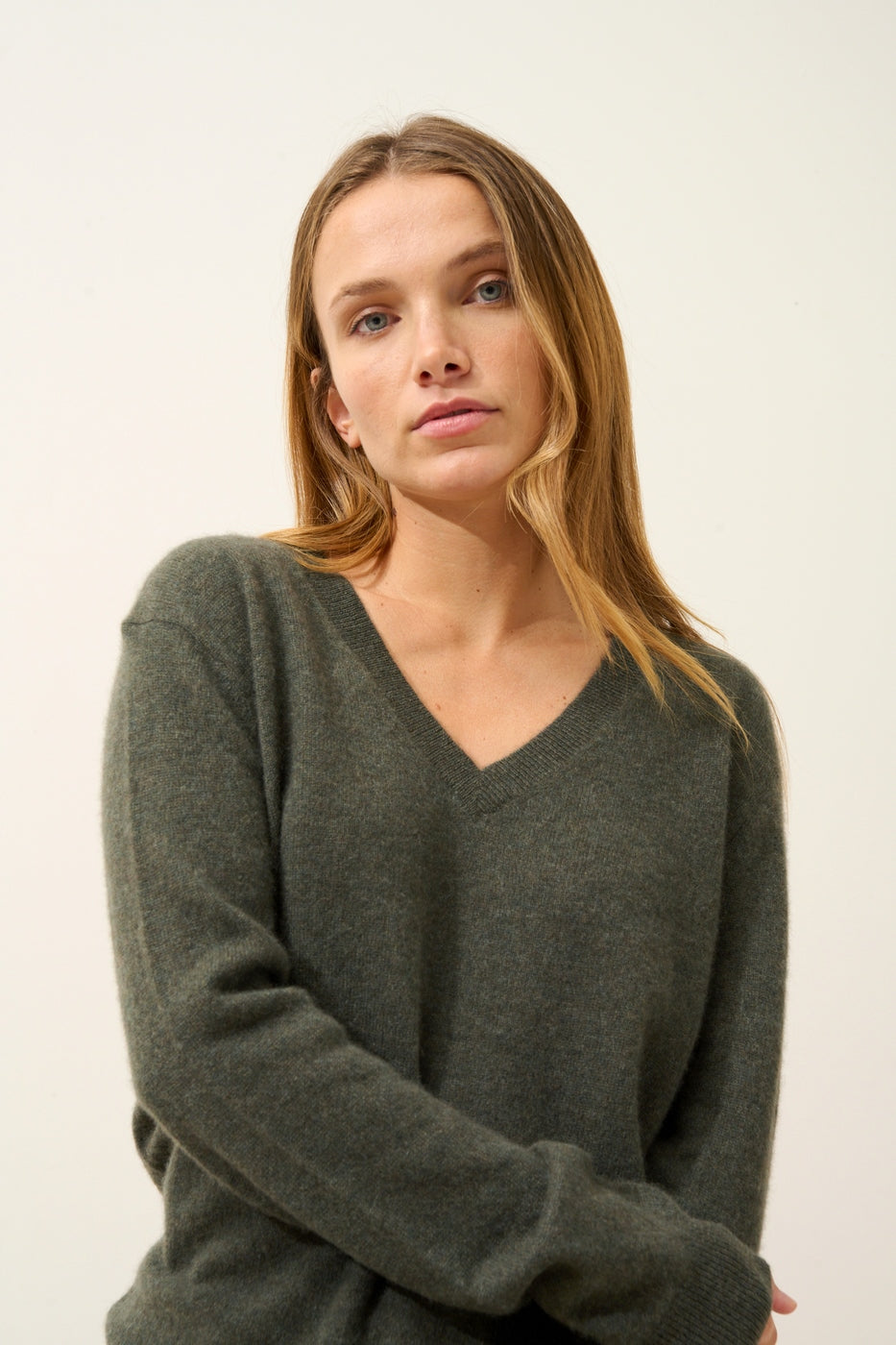 Pull Col V  - Nora - Kaki Chiné