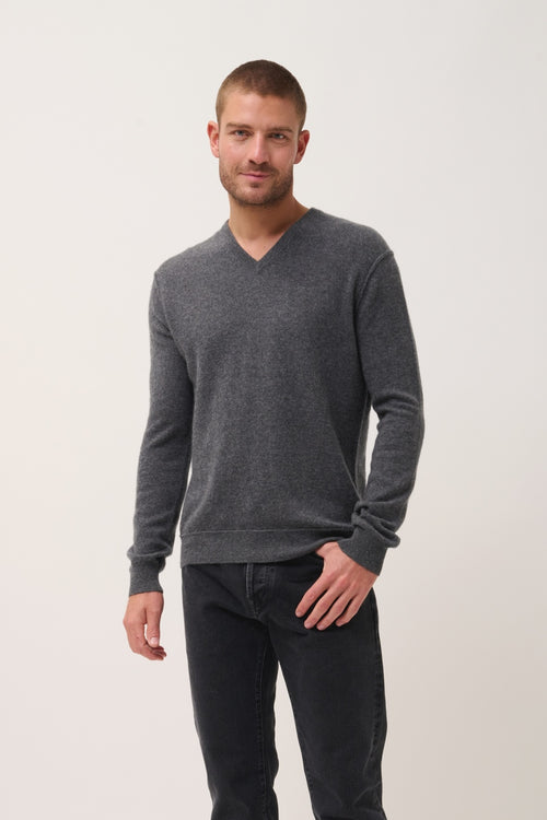 Pull Col V  Tom - 100% Cachemire 2 Fils - Anthracite Chiné - Homme