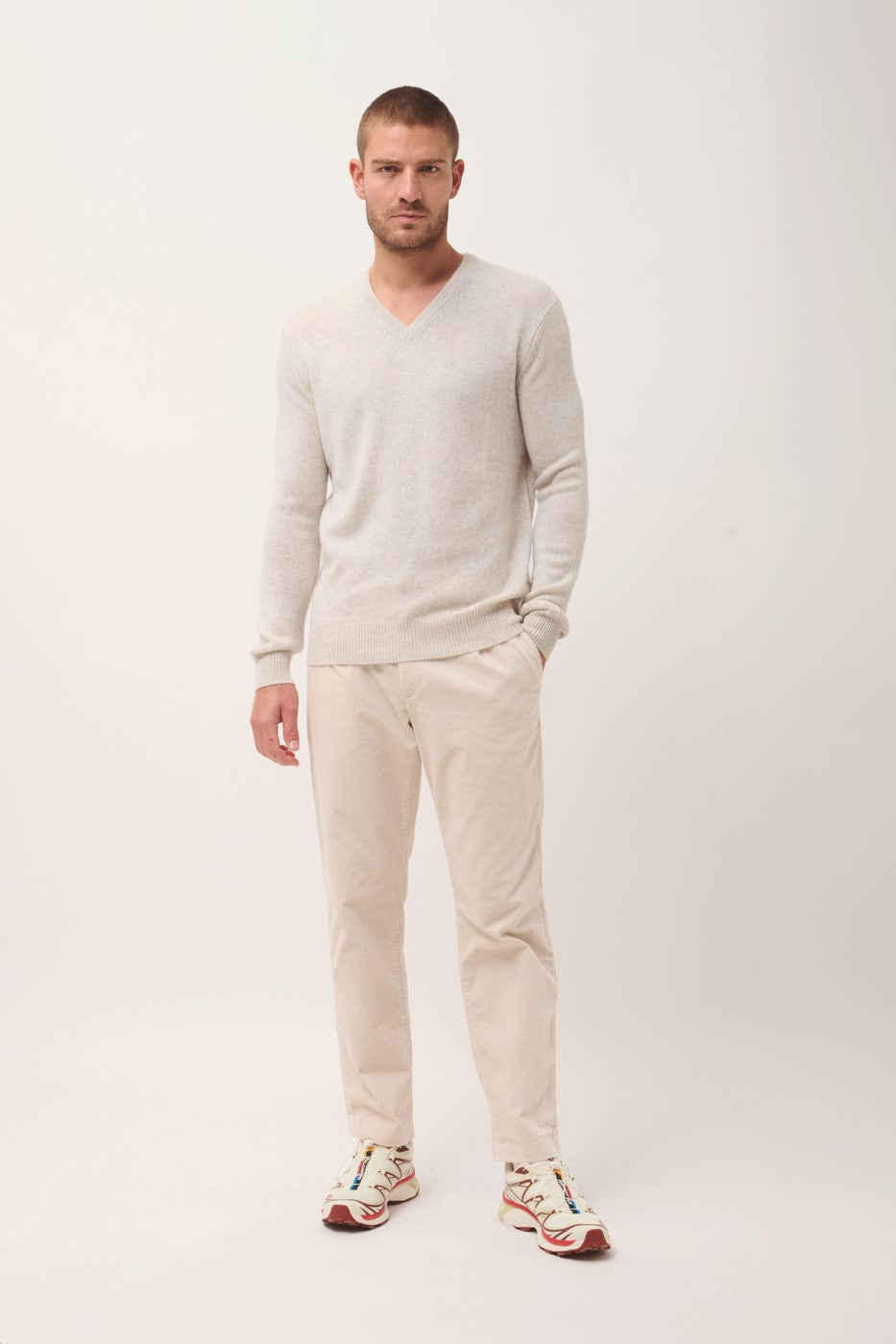 4-Ply V-Neck Jumper - Nathan - Pearl Grey Marl