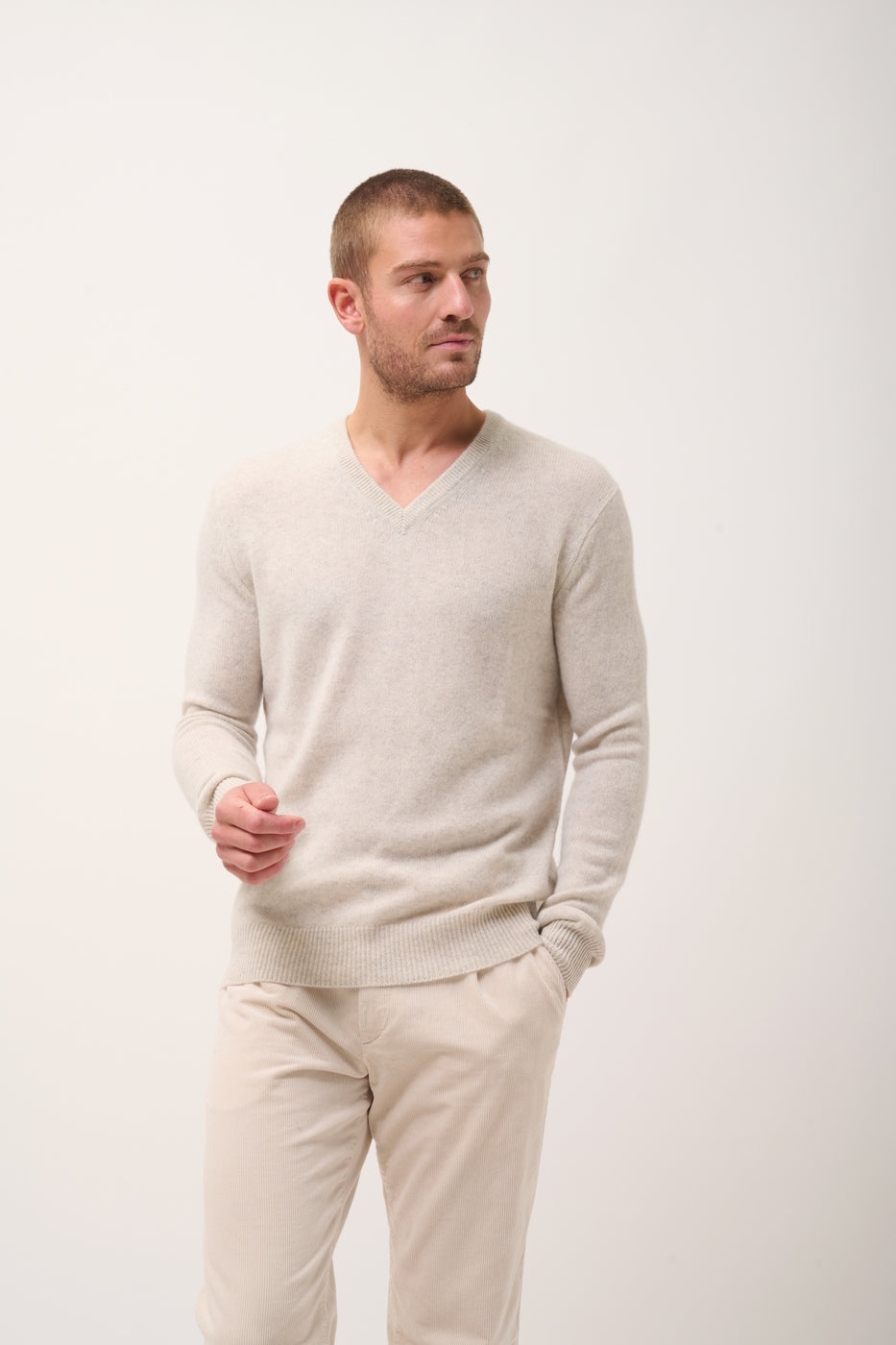 4-Ply V-Neck Jumper - Nathan - Pearl Grey Marl