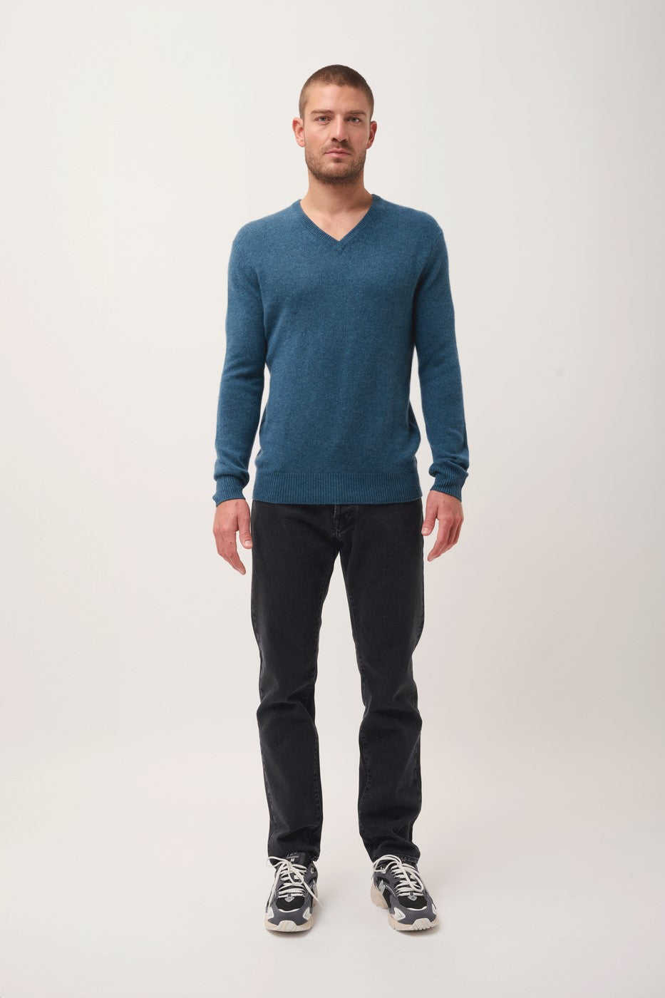 V-Neck 4-Ply Jumper-Nathan -100% Cashmere, 4 Ply-Teal Marl-Men