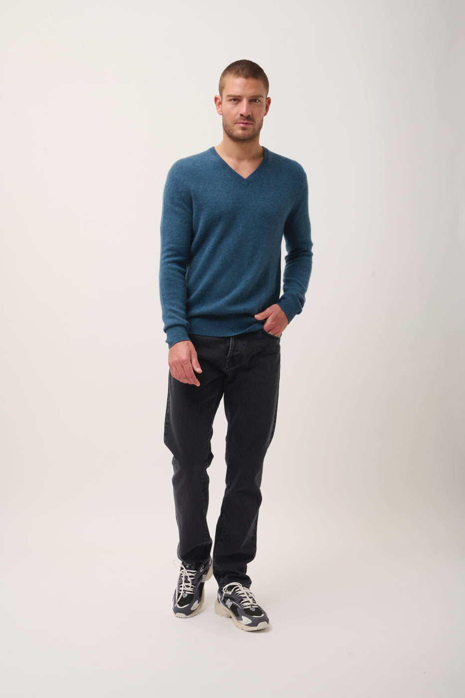 V-Neck 4-Ply Jumper-Nathan -100% Cashmere, 4 Ply-Teal Marl-Men