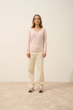 Pull Col V Joan - 100% Cachemire 2 Fils - Poudre - Femme