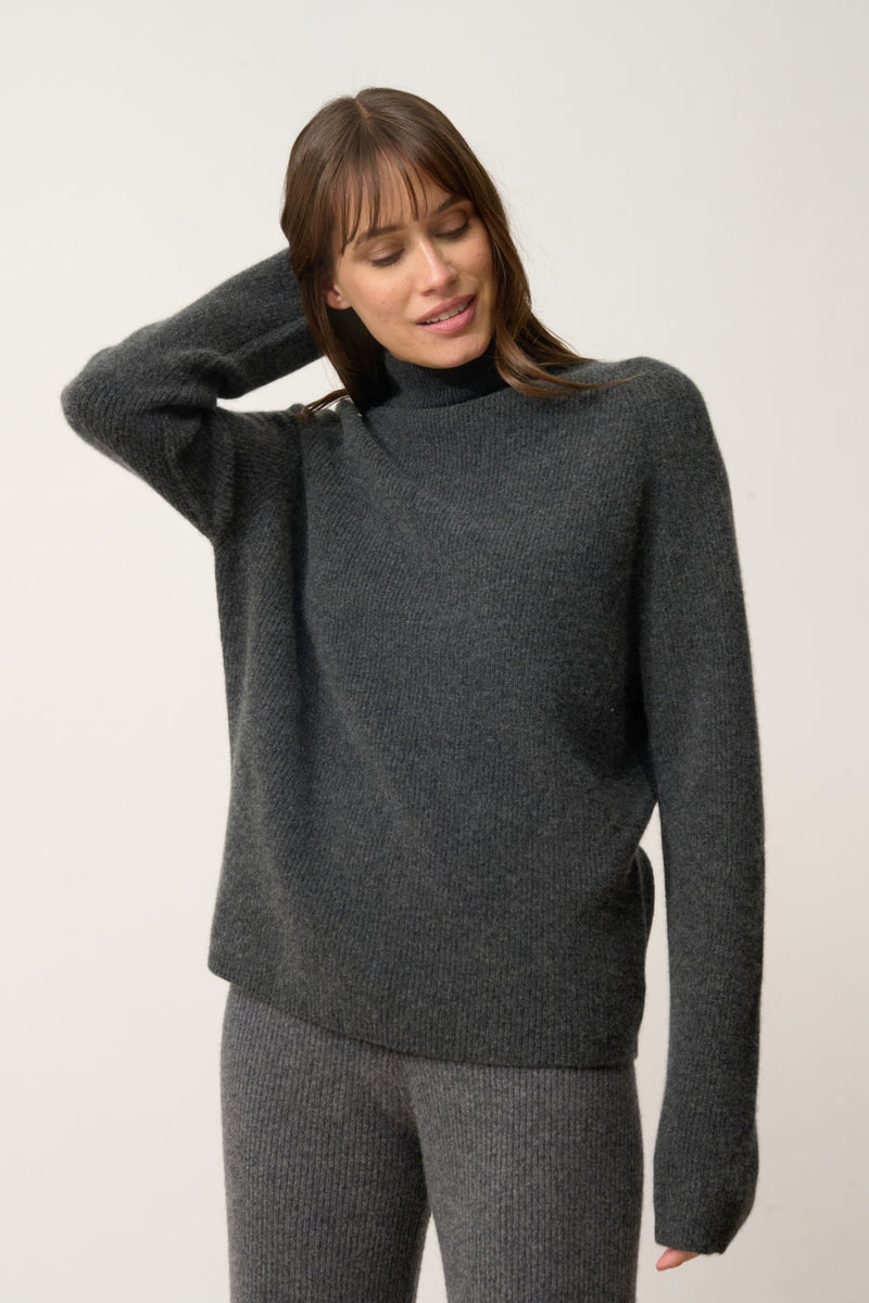 Pull Col Montant-Alyssa-100% Cachemire, 2 Fils-Carbone Chiné-Femme