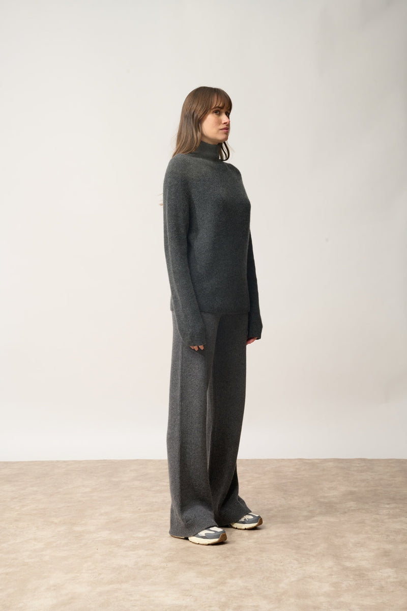 Pull Col Montant-Alyssa-100% Cachemire, 2 Fils-Carbone Chiné-Femme