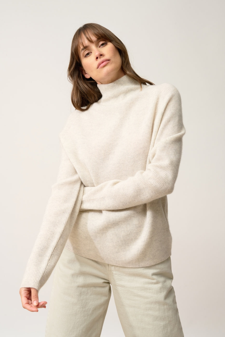 High Neck Jumper-Alyssa-100% Cashmere, 2 Ply-Pearl Grey Marl-Women