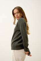 Lexini 4-Ply Crew Neck Sweater - 100% 4-Ply Cashmere - Heather Khaki - Women's