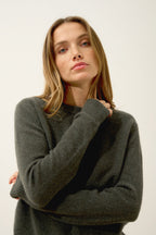 Lexini 4-Ply Crew Neck Sweater - 100% 4-Ply Cashmere - Heather Khaki - Women's