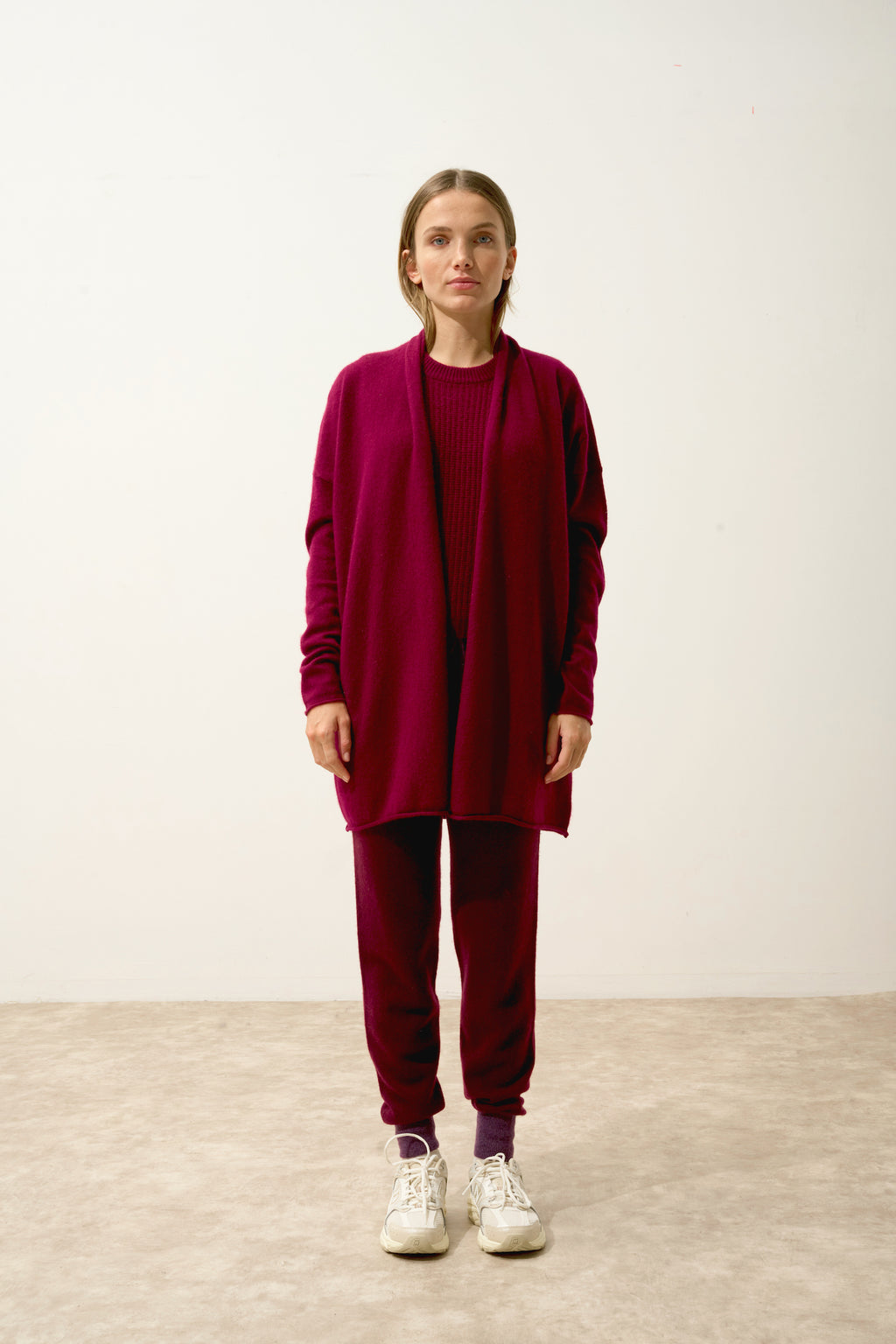 Gilet Long Ouvert Col Châle Maddie - 100% Cachemire 2 Fils - Bordeaux - Femme