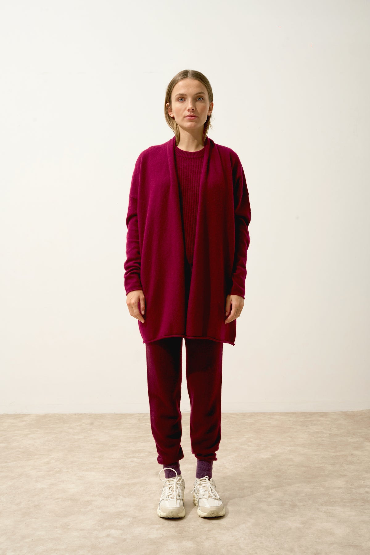 Gilet Long Ouvert Col Châle Maddie - 100% Cachemire 2 Fils - Bordeaux - Femme