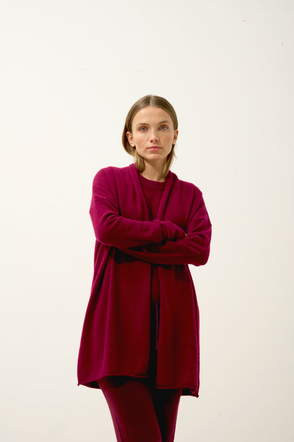 Gilet Long Ouvert Col Châle Maddie - 100% Cachemire 2 Fils - Bordeaux - Femme