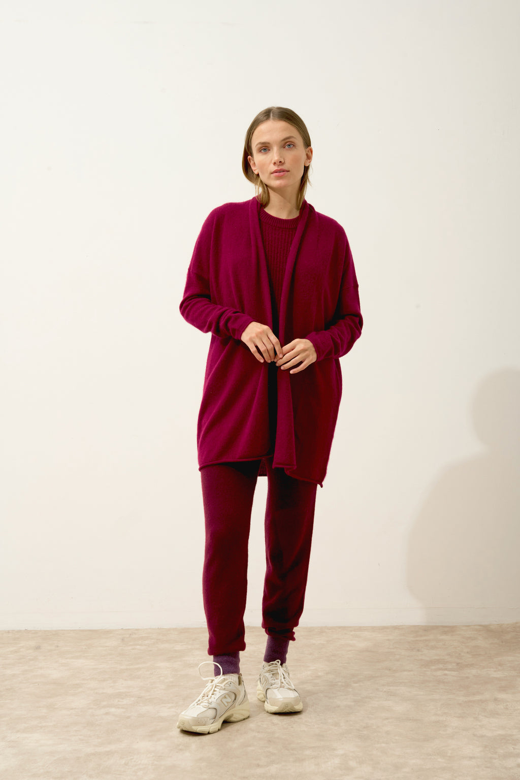 Gilet Long Ouvert Col Châle Maddie - 100% Cachemire 2 Fils - Bordeaux - Femme