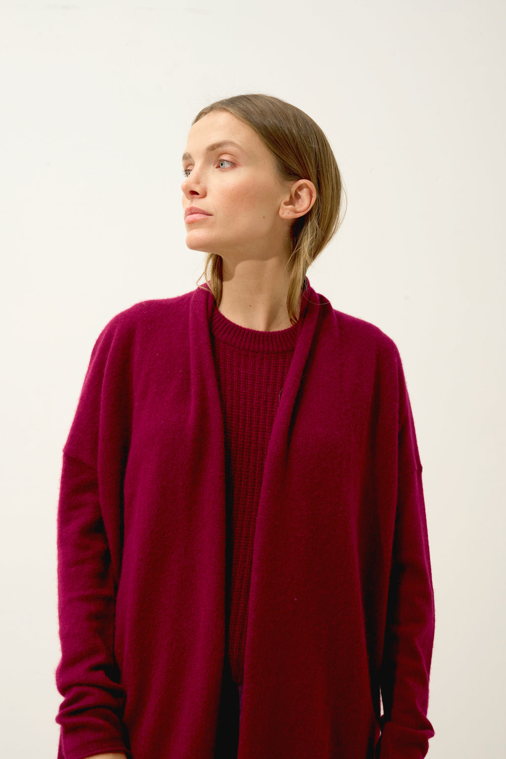 Gilet Long Ouvert Col Châle Maddie - 100% Cachemire 2 Fils - Bordeaux - Femme