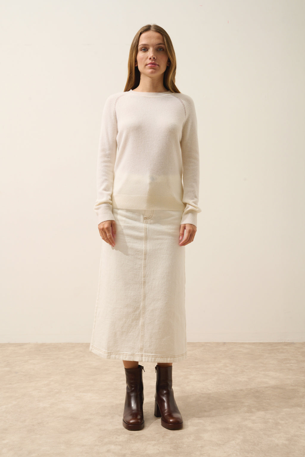 Pull Col Rond Norena - 100% Cachemire 2 Fils - Neige - Femme