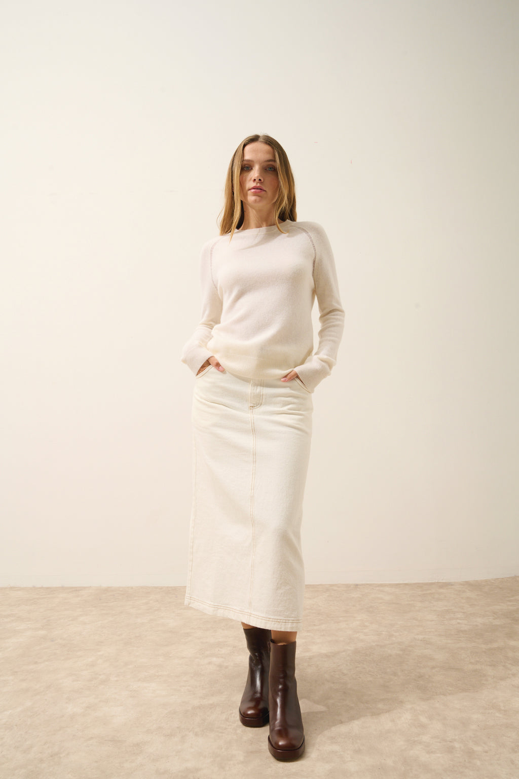 Pull Col Rond Norena - 100% Cachemire 2 Fils - Neige - Femme