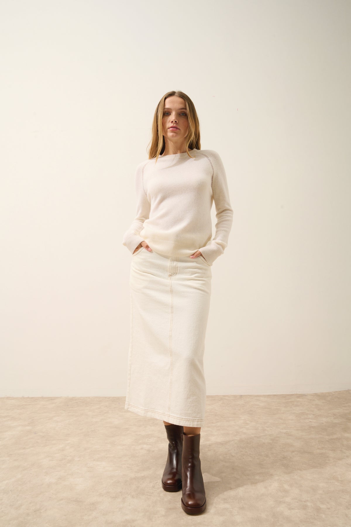 Pull Col Rond Norena - 100% Cachemire 2 Fils - Neige - Femme