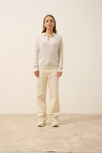 Éoliane Two-Tone V-Neck Polo Shirt - 100% 2-Ply Cashmere - Heather Pearl Grey + Ivory - Women's