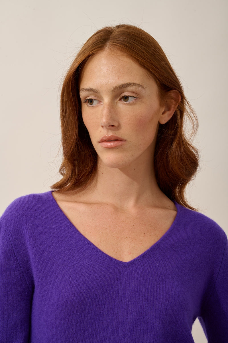 Pull Col V - Joan - Gentiane