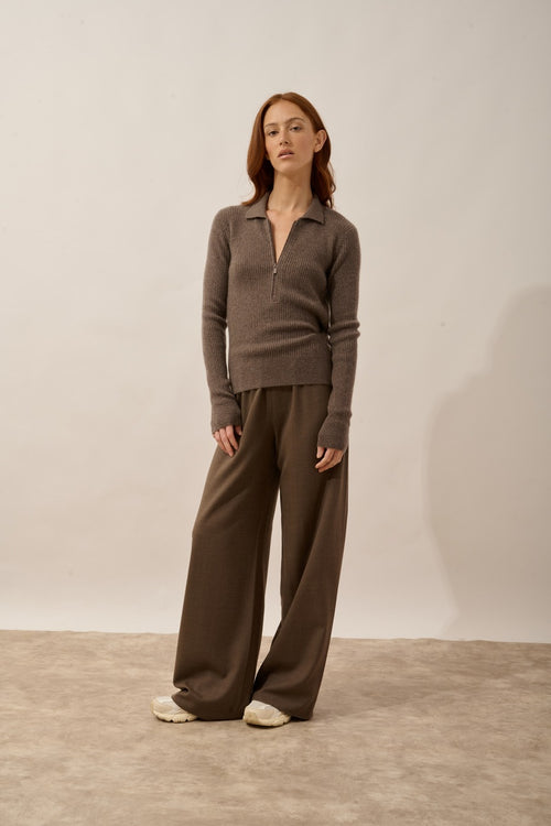 Polo Col Zippé Manches Longues - Kristjan - Taupe Chiné